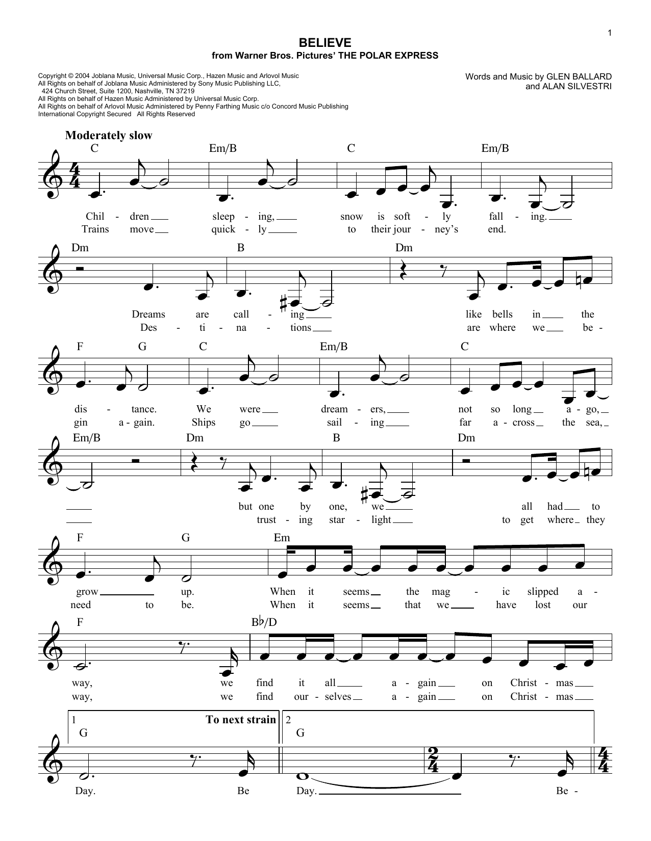Alan Silvestri Believe (from The Polar Express) Sheet Music Notes & Chords for Melody Line, Lyrics & Chords - Download or Print PDF