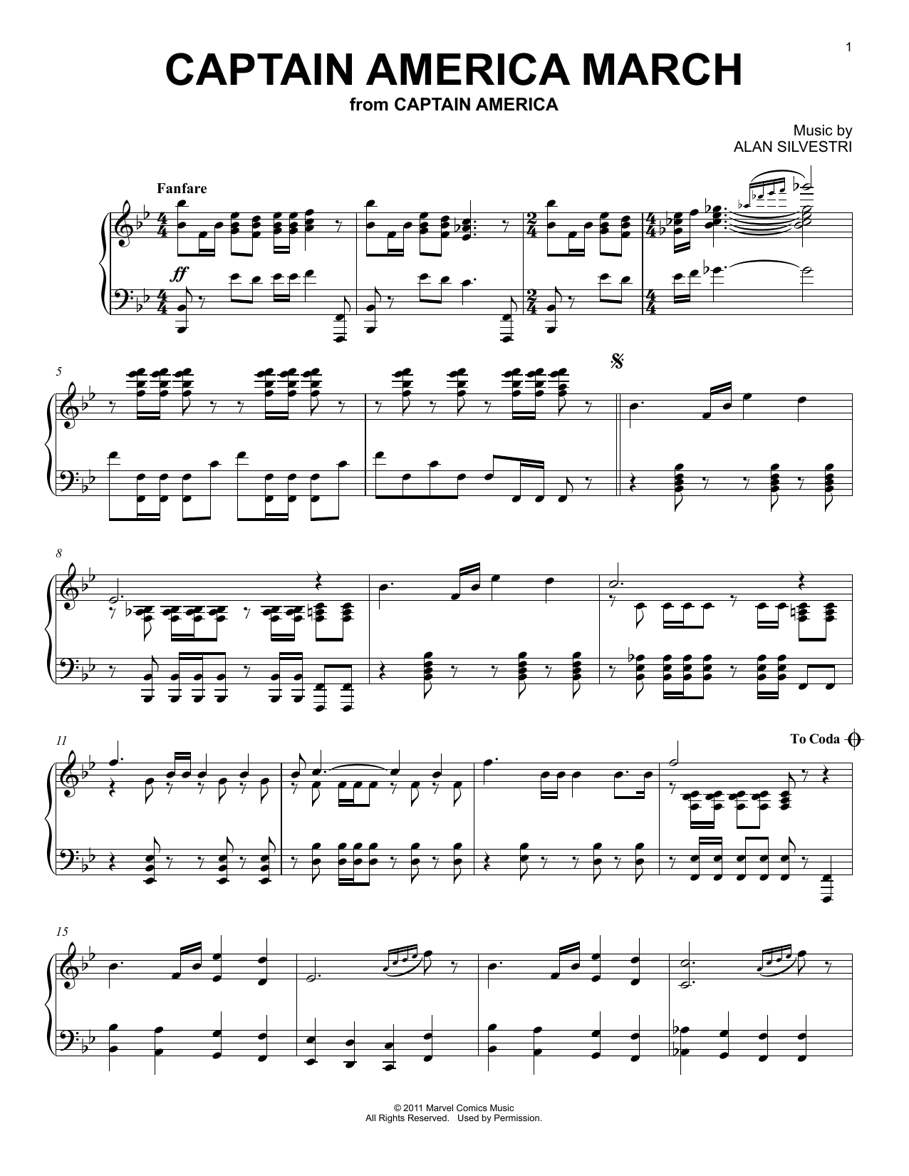 Alan Silvestri Captain America March (from Captain America: The First Avenger) Sheet Music Notes & Chords for Piano Solo - Download or Print PDF