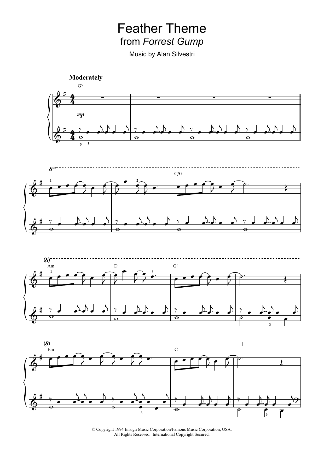 Alan Silvestri Forrest Gump - Main Title (Feather Theme) Sheet Music Notes & Chords for Piano - Download or Print PDF
