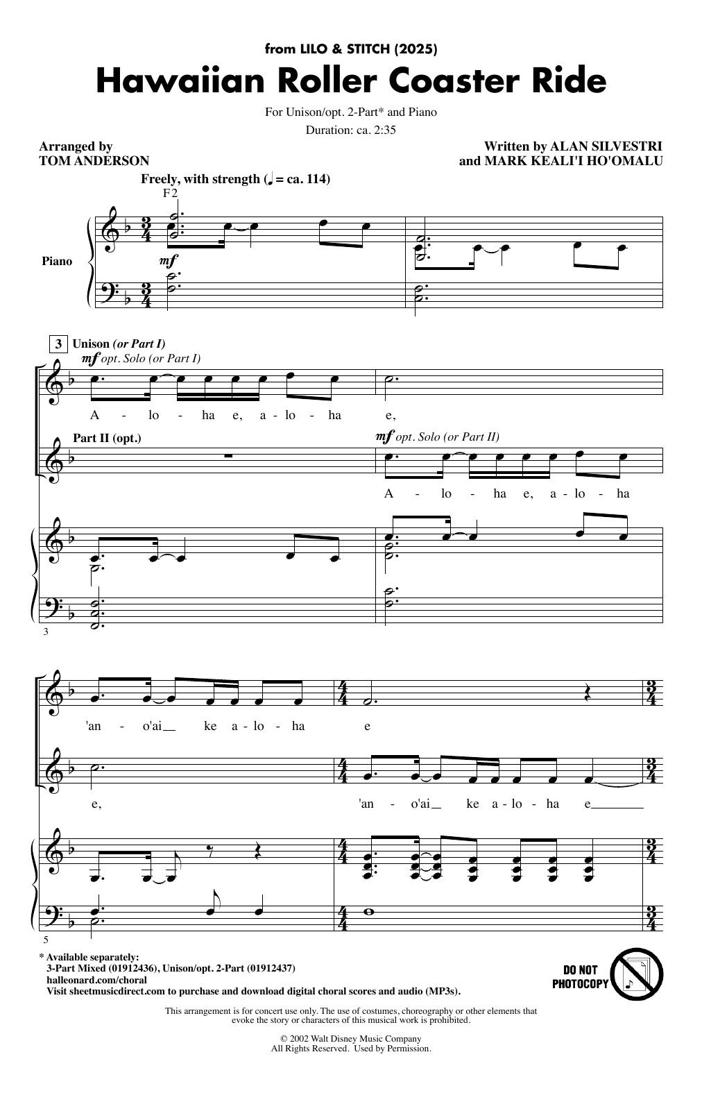 Alan Silvestri Hawaiian Roller Coaster Ride (from Lily & Stitch) (2025) (arr. Tom Anderson) Sheet Music Notes & Chords for 3-Part Mixed Choir - Download or Print PDF
