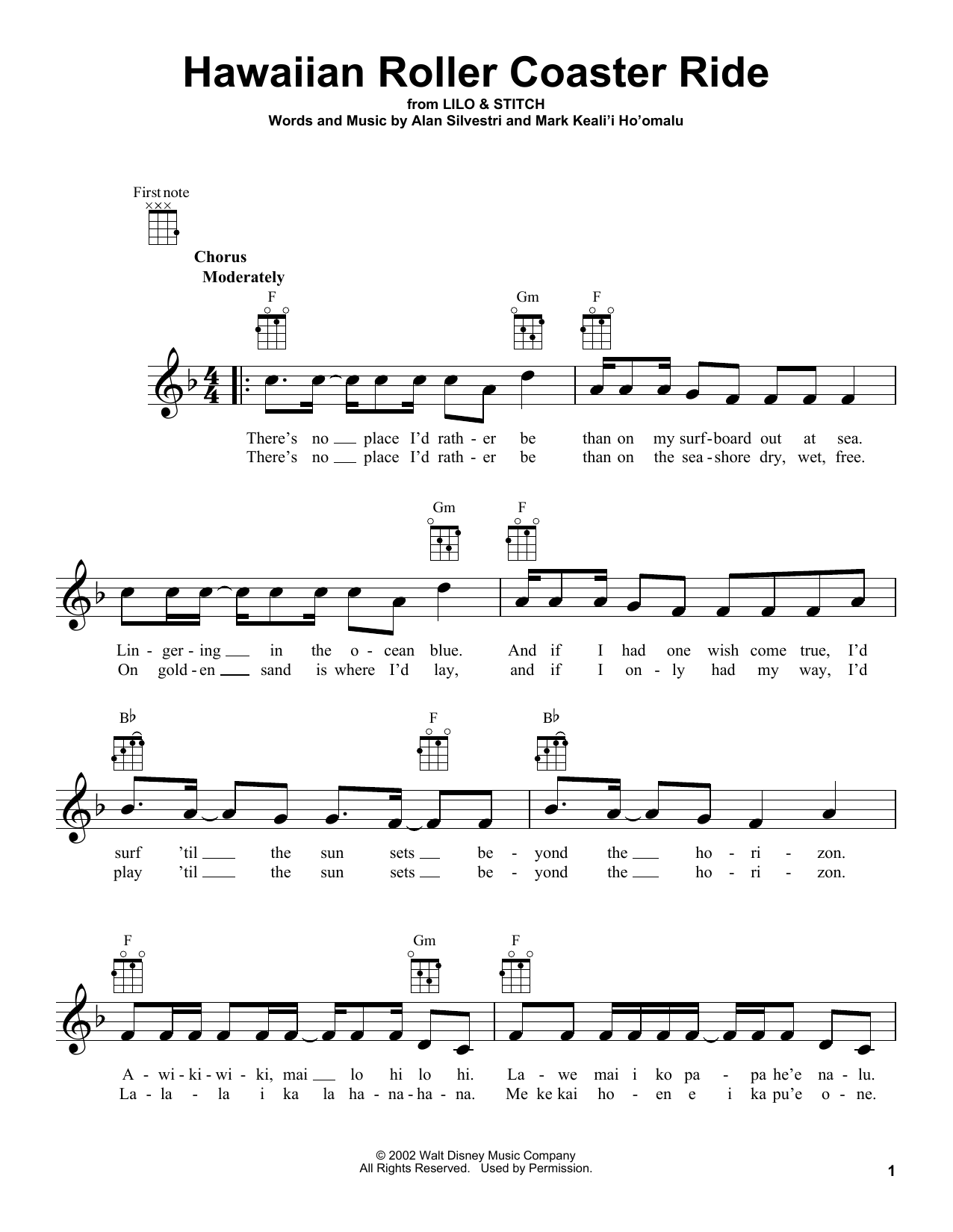 Alan Silvestri Hawaiian Roller Coaster Ride (from Lilo & Stitch) Sheet Music Notes & Chords for Ukulele - Download or Print PDF