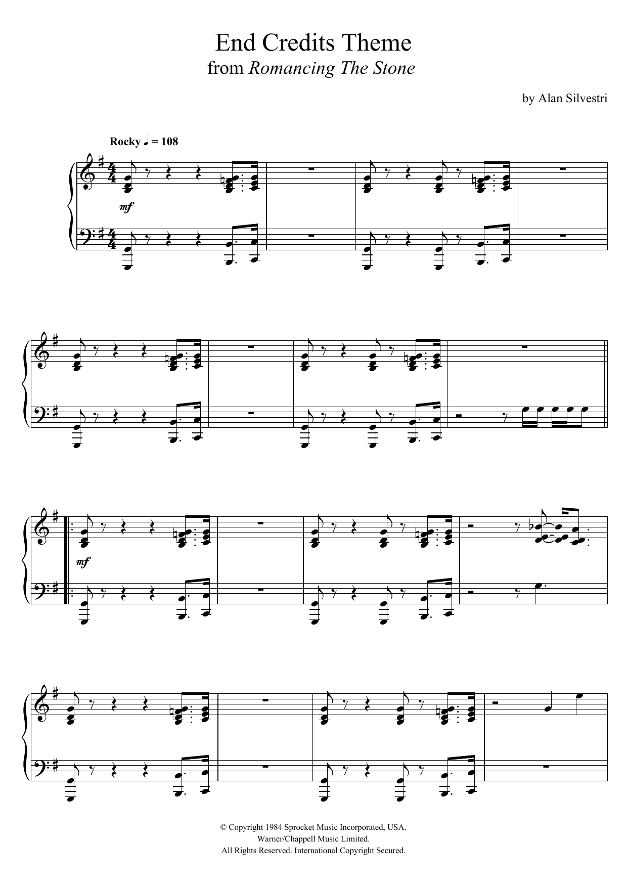 Alan Silvestri Romancing The Stone (End Credits Theme) Sheet Music Notes & Chords for Piano - Download or Print PDF