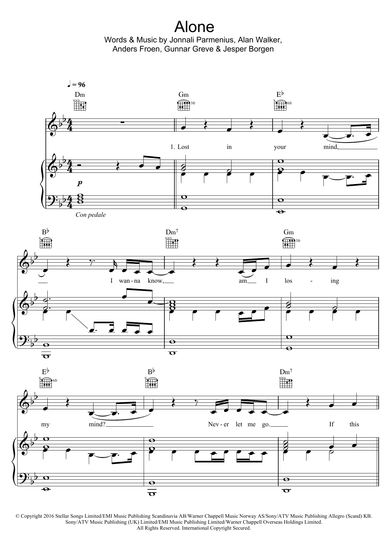 Alan Walker Alone Sheet Music Notes & Chords for Piano, Vocal & Guitar (Right-Hand Melody) - Download or Print PDF