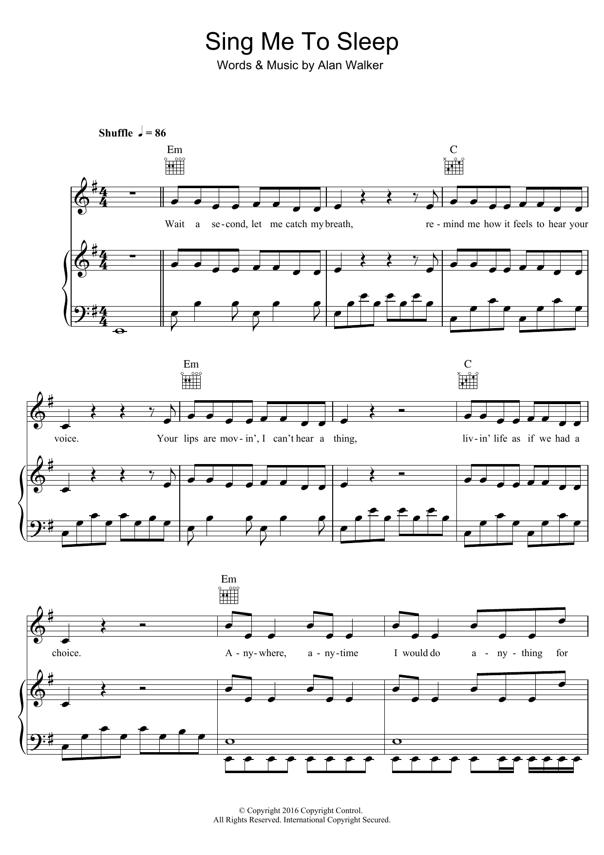 Alan Walker Sing Me To Sleep Sheet Music Notes & Chords for Piano, Vocal & Guitar (Right-Hand Melody) - Download or Print PDF