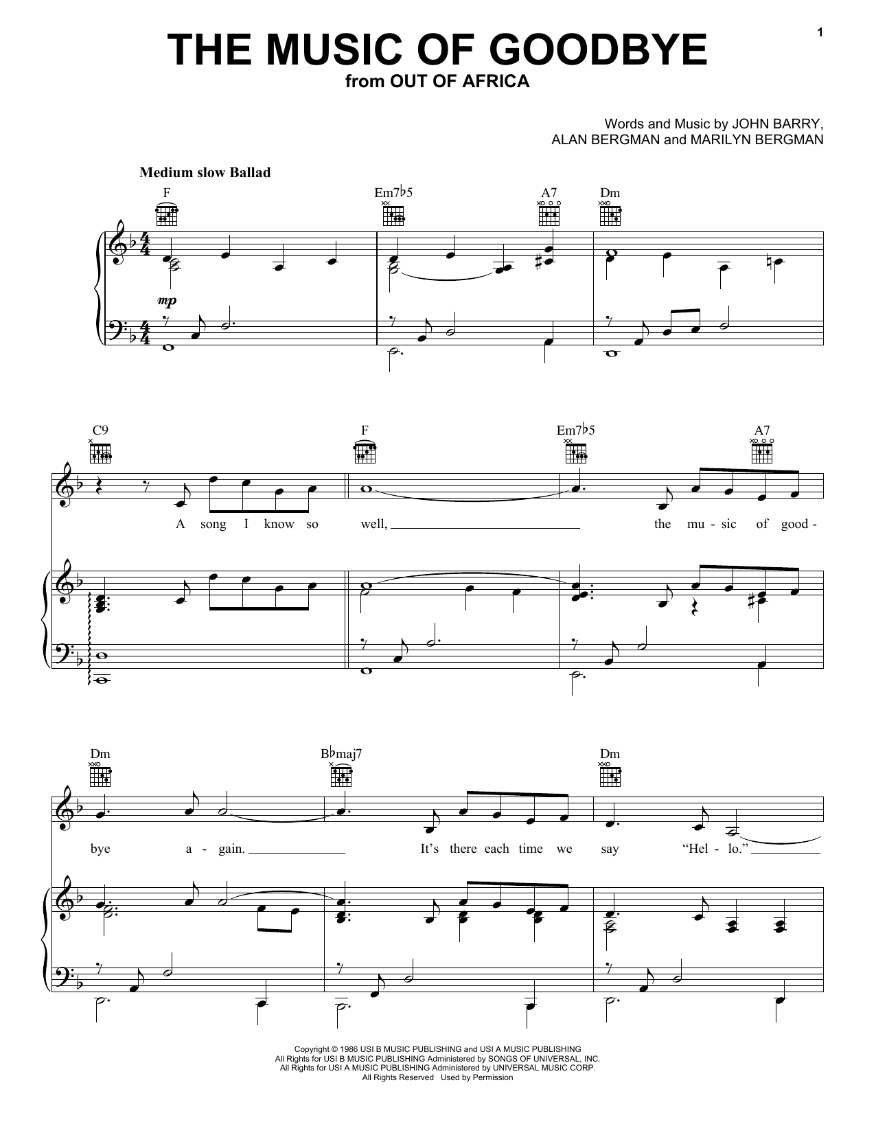 Preview Alan Bergman The Music Of Goodbye Pop sheet music, notes and chords for Easy Piano, SKU: 60339 The Music Of Goodbye sheet music