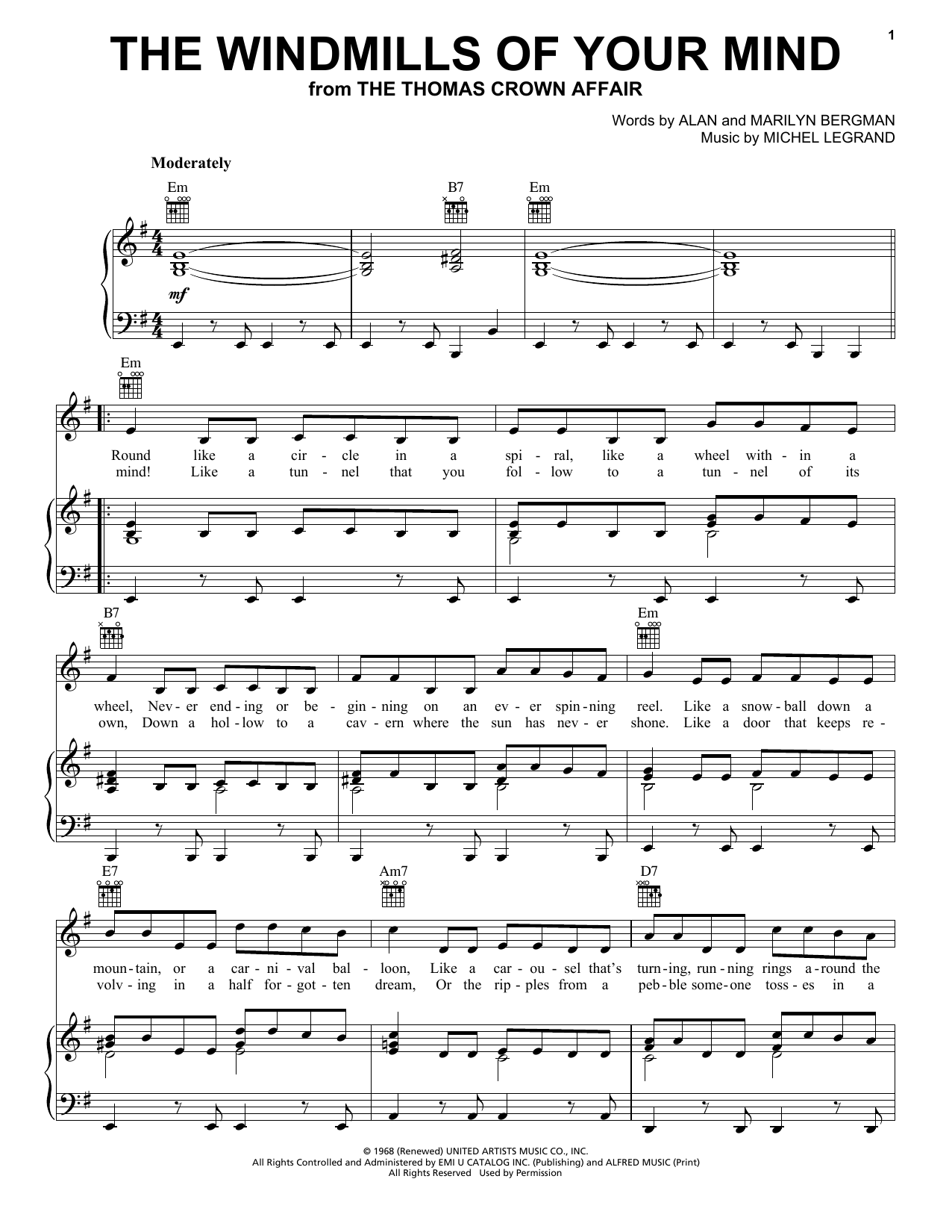 Preview Alan Bergman The Windmills Of Your Mind Film and TV sheet music, notes and chords for Piano, Vocal & Guitar (Right-Hand Melody), SKU: 23843 sheet music, piano notes, chords, guitar tabs, score, transpose, transcribe, how to play, guide, download, learn, tutorial, progression, song, artist, awards, billboard, mtv, vh1, tour, single, album, release