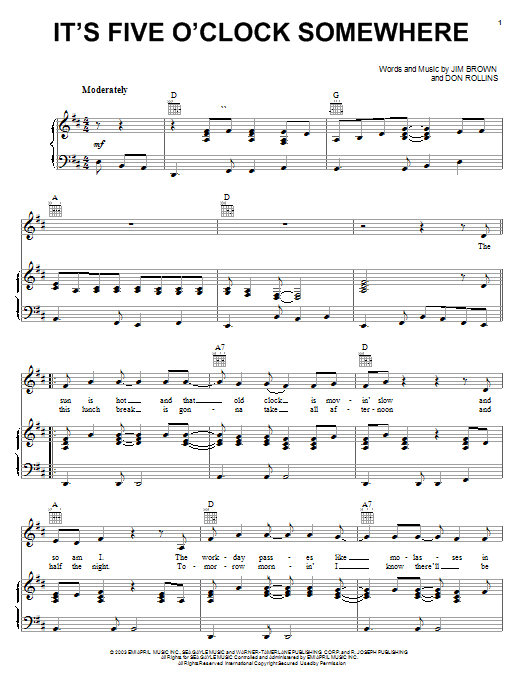 Preview Alan Jackson It's Five O'Clock Somewhere Pop sheet music, notes and chords for Piano, Vocal & Guitar (Right-Hand Melody), SKU: 24216 sheet music, piano notes, chords, guitar tabs, score, transpose, transcribe, how to play, guide, download, learn, tutorial, progression, song, artist, awards, billboard, mtv, vh1, tour, single, album, release