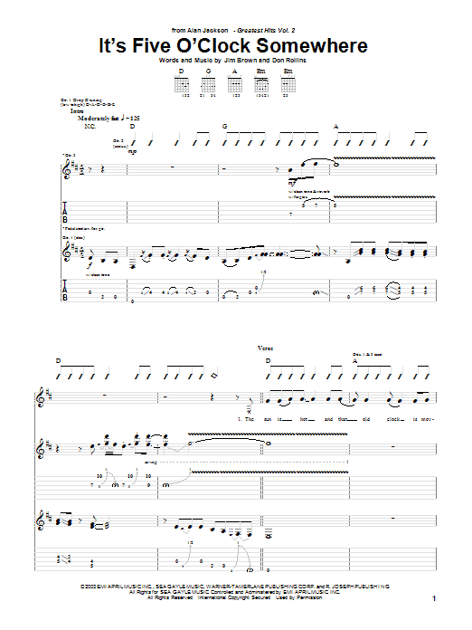 Preview Alan Jackson & Jimmy Buffett It's Five O'Clock Somewhere Pop sheet music, notes and chords for Guitar Tab Play-Along, SKU: 64304 It's Five O'Clock Somewhere sheet music