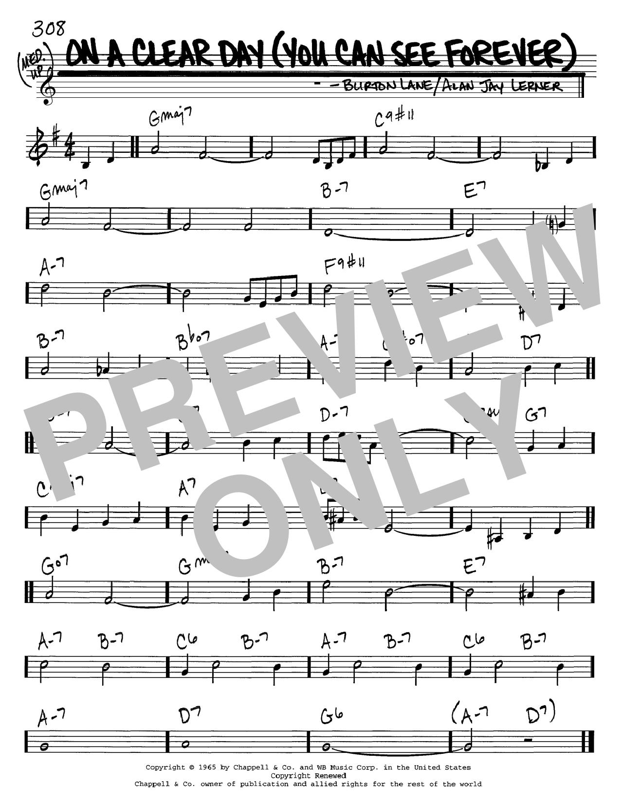 Preview Alan Jay Lerner On A Clear Day (You Can See Forever) Jazz sheet music, notes and chords for Real Book - Melody, Lyrics & Chords - C Instruments, SKU: 61258 On A Clear Day (You Can See Forever) sheet music
