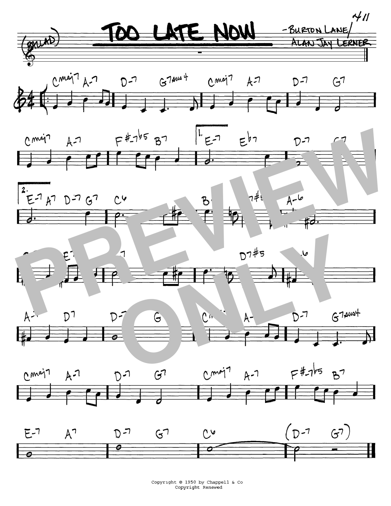 Preview Alan Jay Lerner Too Late Now Jazz sheet music, notes and chords for Real Book - Melody & Chords - C Instruments, SKU: 60828 Too Late Now sheet music