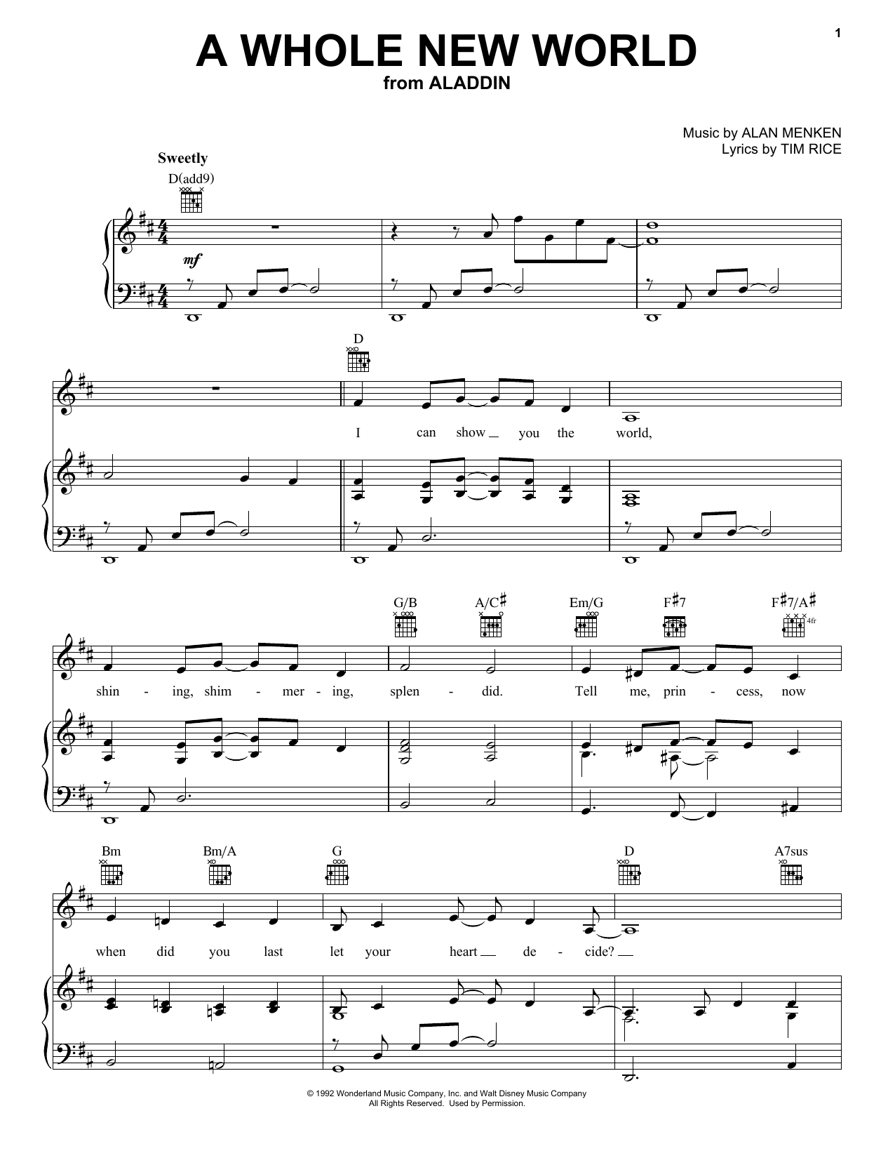 Alan Menken A Whole New World From Aladdin Sheet Music Download Pdf Score 3535