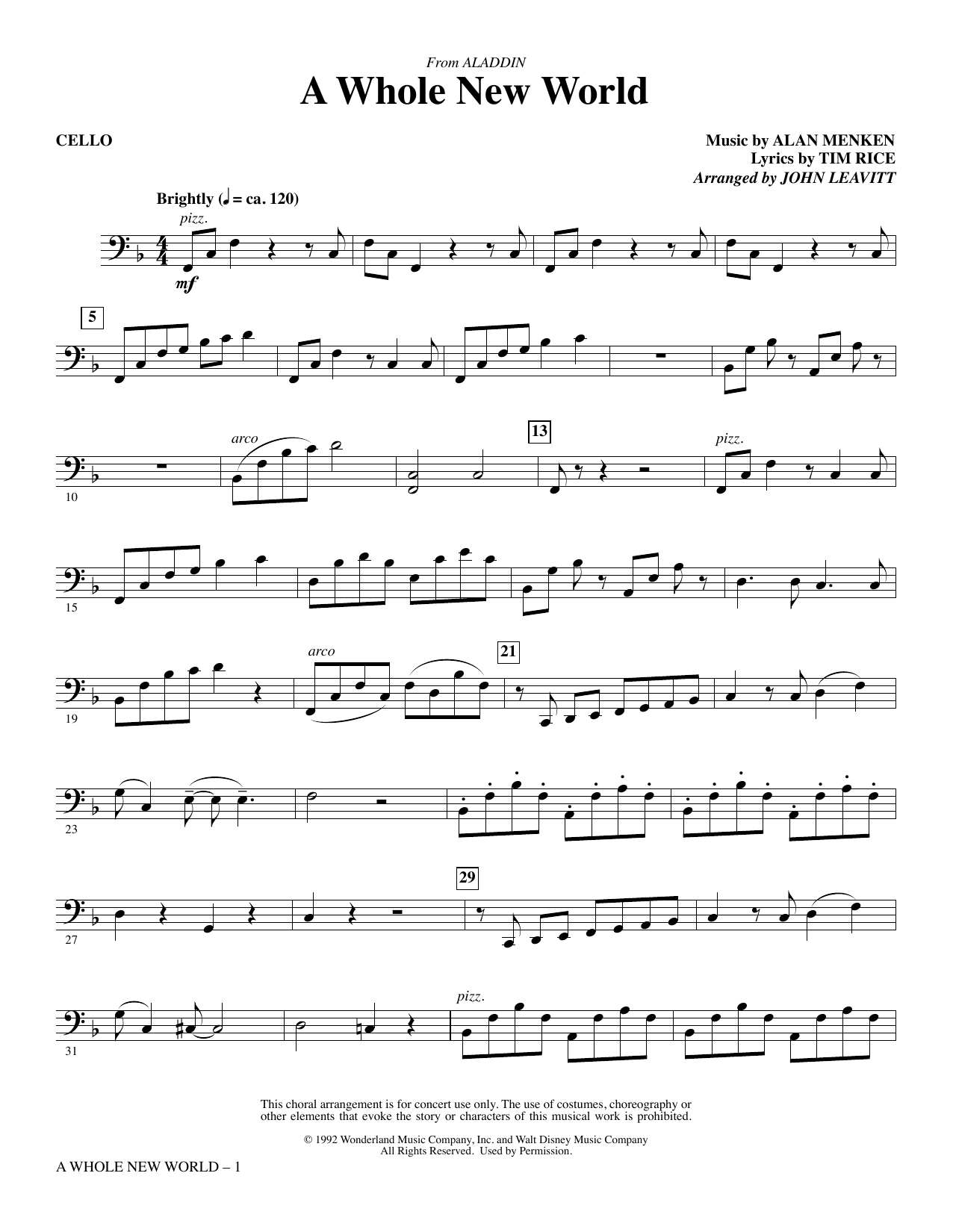 Alan Menken A Whole New World From Aladdin Arr John Leavitt Cello Sheet Music Download Pdf Score Alan Menken A Whole New World From Aladdin Arr John Leavitt Cello Sheet Music Download Pdf Score