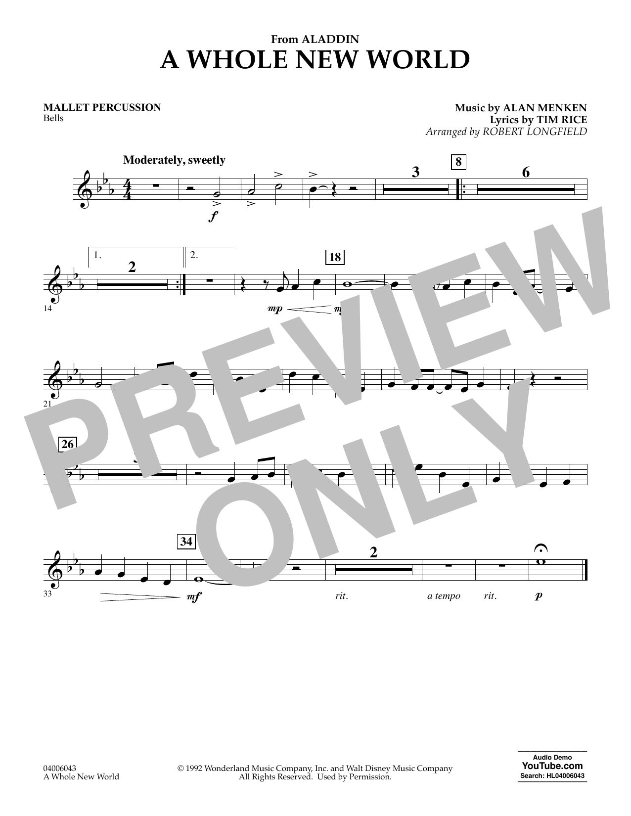 Alan Menken A Whole New World From Aladdin Arr Robert Longfield Mallet Percussion Sheet Music Download Pdf Score 4145
