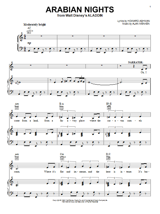 Preview Alan Menken Arabian Nights (from Aladdin) Film and TV sheet music, notes and chords for Melody Line, Lyrics & Chords, SKU: 13947 Arabian Nights (from Aladdin) sheet music