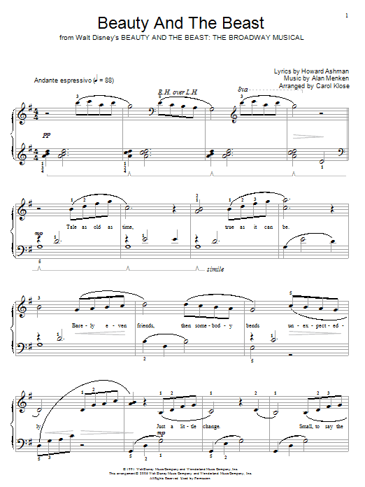 Alan Menken Beauty And The Beast From Beauty And The Beast The Broadway Musical Arr Carol Klose Sheet Music Download Pdf Score 56201