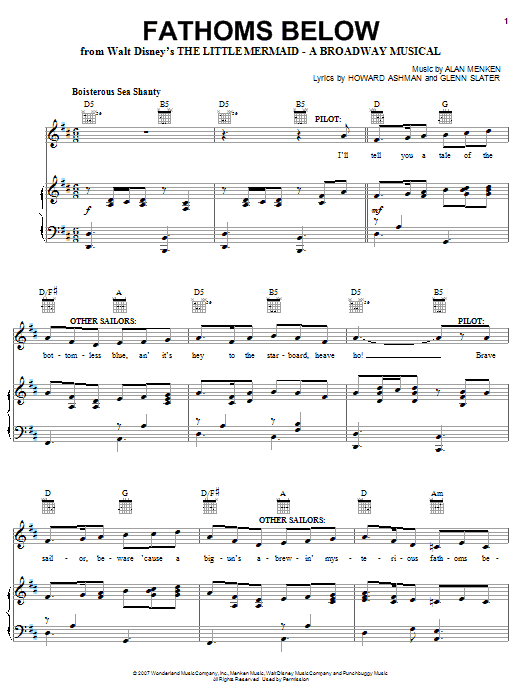 Preview Alan Menken Fathoms Below (from The Little Mermaid: A Broadway Musical) Children sheet music, notes and chords for Piano, Vocal & Guitar (Right-Hand Melody), SKU: 64845 Fathoms Below (from The Little Mermaid: A Broadway Musical) sheet music