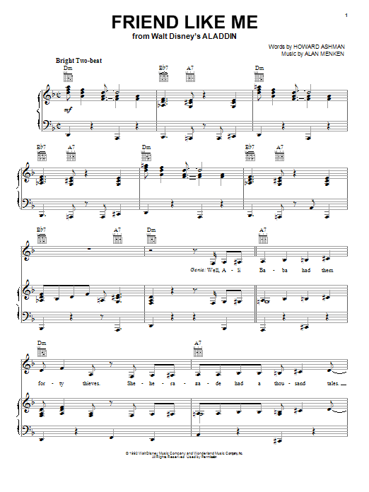 Preview Alan Menken Friend Like Me (from Aladdin) Children sheet music, notes and chords for Piano, Vocal & Guitar (Right-Hand Melody), SKU: 21400 Friend Like Me (from Aladdin) sheet music