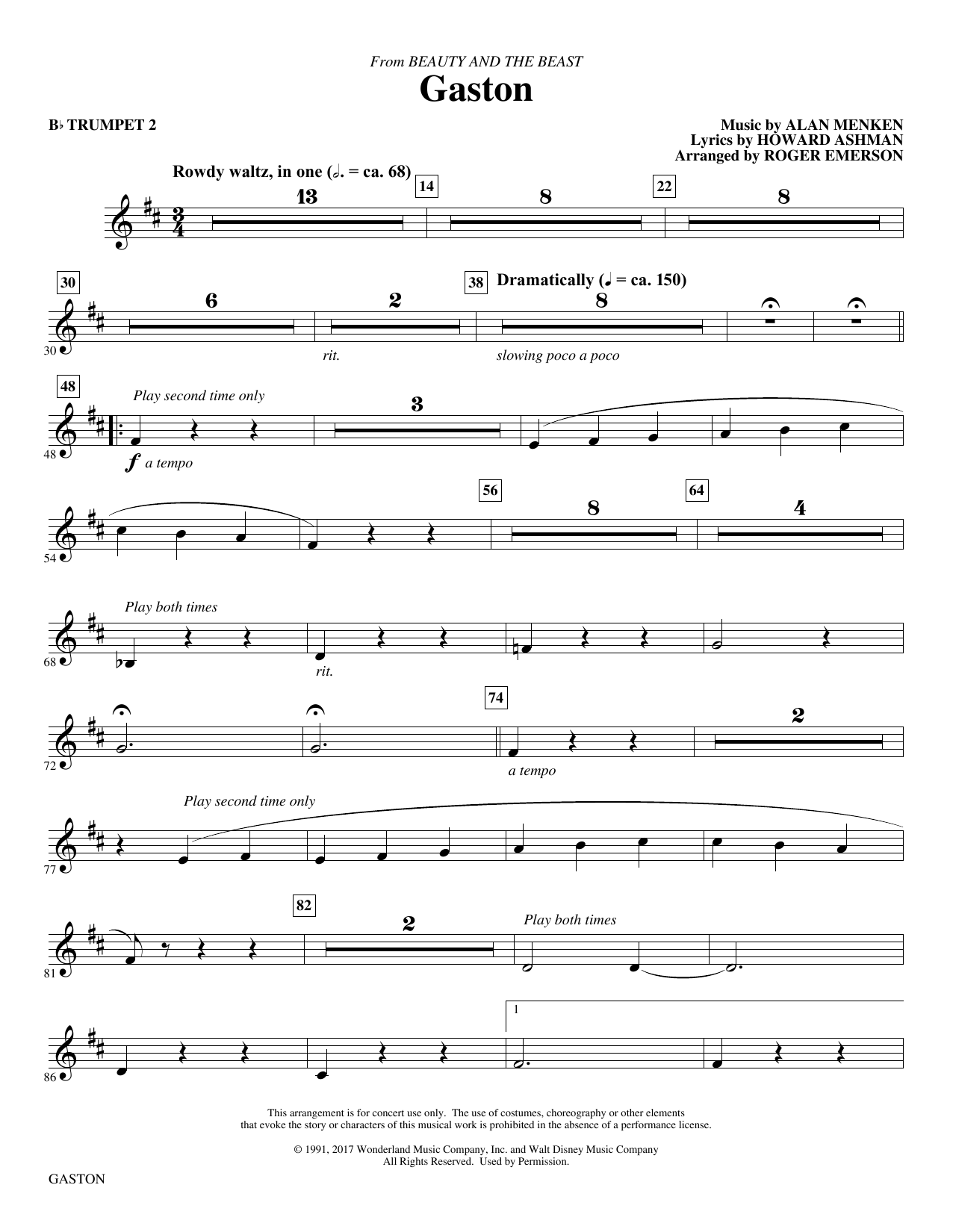 Gaston (from Beauty and The Beast) (arr. Roger Emerson) - Bb Trumpet 2 sheet music