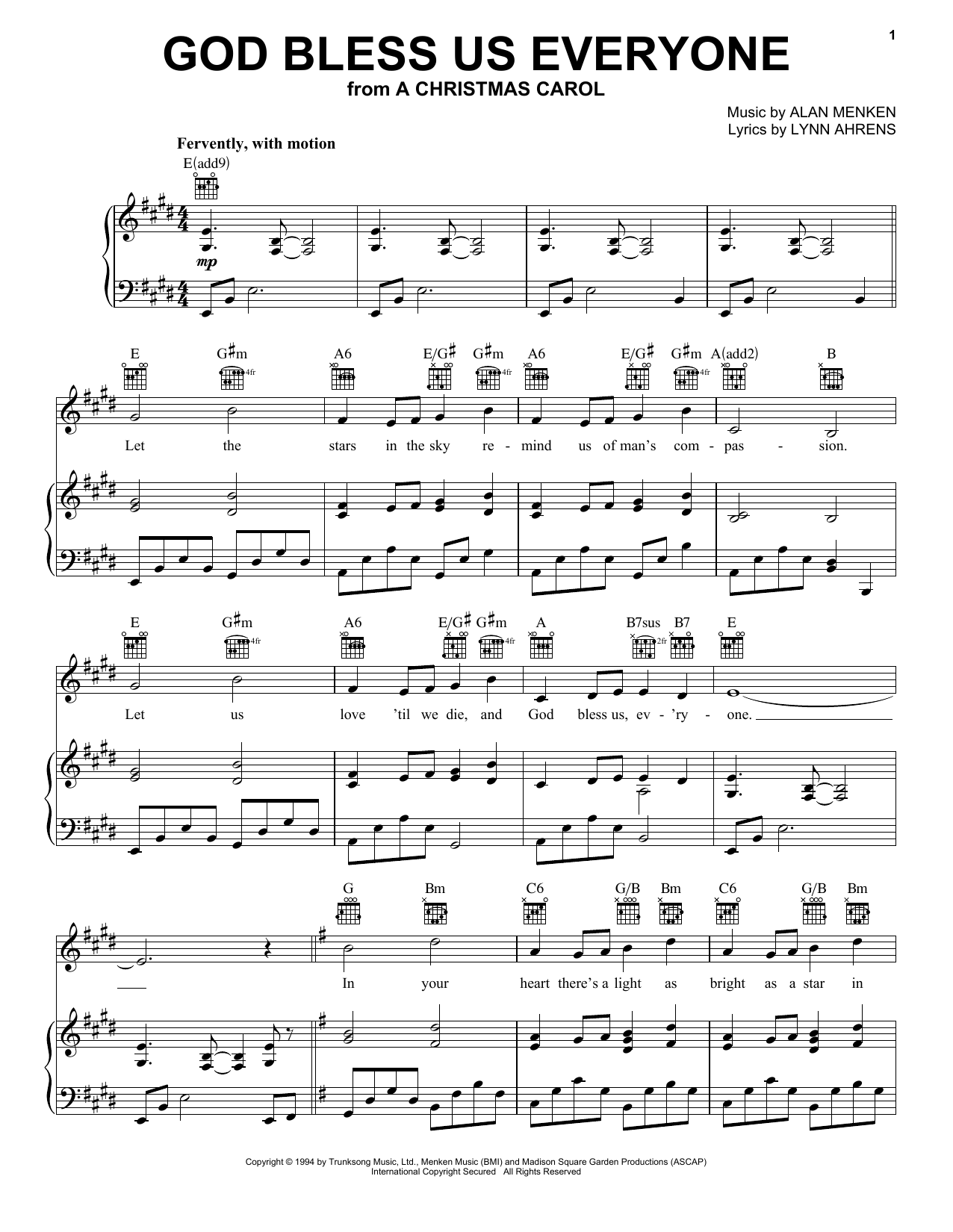 Preview Alan Menken God Bless Us Everyone Musicals sheet music, notes and chords for Piano, Vocal & Guitar (Right-Hand Melody), SKU: 252766 God Bless Us Everyone sheet music