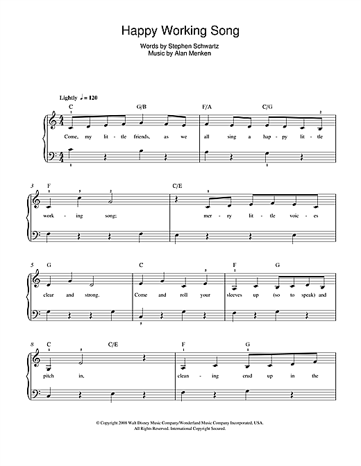Preview Alan Menken Happy Working Song (from Enchanted) Film and TV sheet music, notes and chords for Beginner Piano, SKU: 48497 Happy Working Song (from Enchanted) sheet music