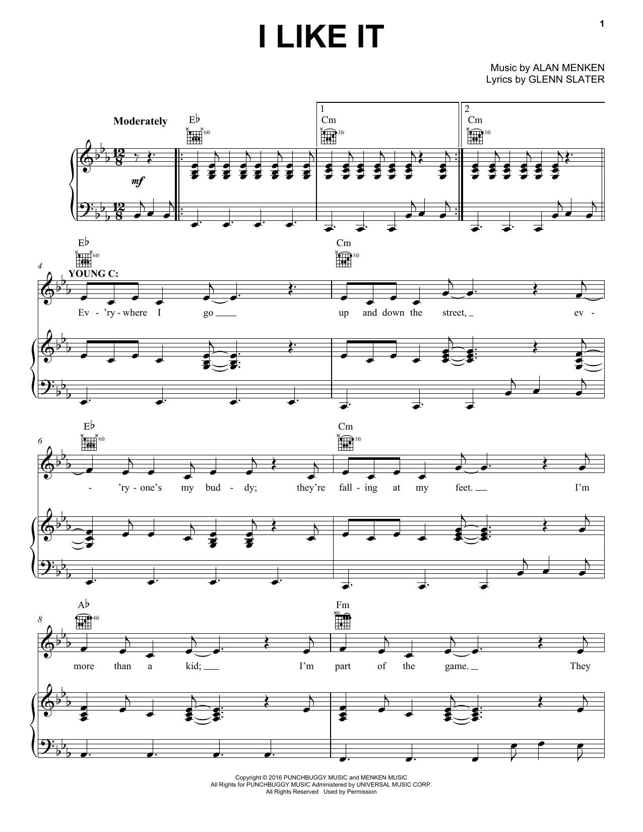 Preview Alan Menken I Like It Broadway sheet music, notes and chords for Piano, Vocal & Guitar (Right-Hand Melody), SKU: 197615 I Like It sheet music