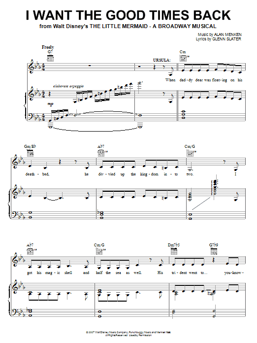 Preview Alan Menken I Want The Good Times Back (from The Little Mermaid: A Broadway Musical) Children sheet music, notes and chords for Piano, Vocal & Guitar (Right-Hand Melody), SKU: 64840 I Want The Good Times Back (from The Little Mermaid: A Broadway Musical) sheet music