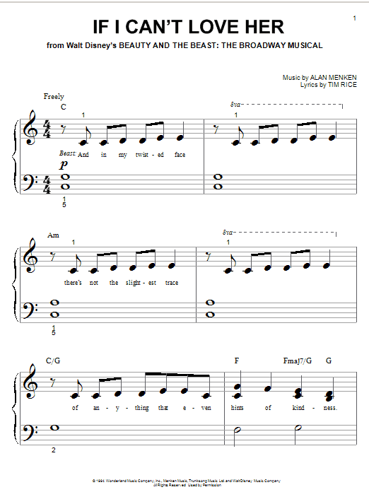 Preview Alan Menken If I Can't Love Her Broadway sheet music, notes and chords for Piano (Big Notes), SKU: 21468 If I Can't Love Her sheet music