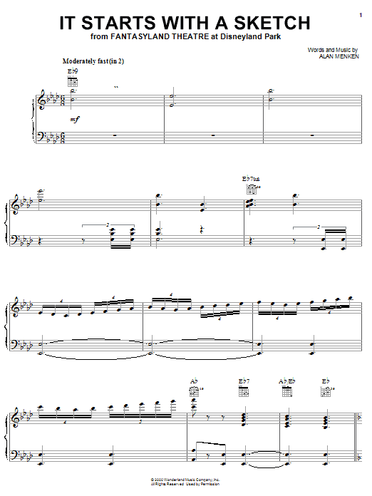 Preview Alan Menken It Starts With A Sketch Children sheet music, notes and chords for Piano, Vocal & Guitar (Right-Hand Melody), SKU: 23679 sheet music, piano notes, chords, guitar tabs, score, transpose, transcribe, how to play, guide, download, learn, tutorial, progression, song, artist, awards, billboard, mtv, vh1, tour, single, album, release