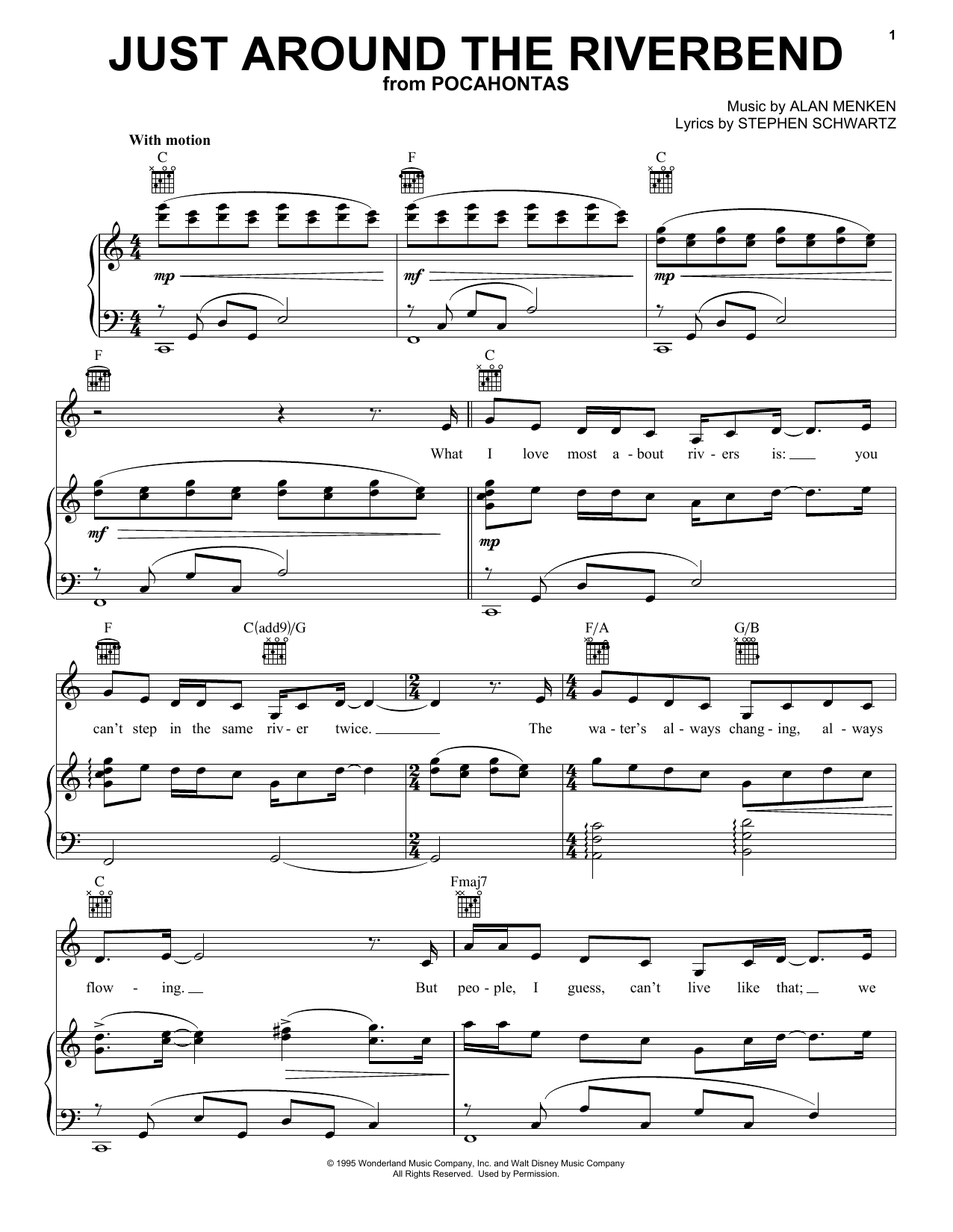 Preview Alan Menken Just Around The Riverbend Children sheet music, notes and chords for Piano, Vocal & Guitar (Right-Hand Melody), SKU: 18139 sheet music, piano notes, chords, guitar tabs, score, transpose, transcribe, how to play, guide, download, learn, tutorial, progression, song, artist, awards, billboard, mtv, vh1, tour, single, album, release