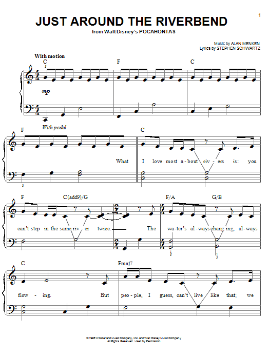Preview Alan Menken Just Around The Riverbend (from Pocahontas) Children sheet music, notes and chords for Easy Piano, SKU: 68068 Just Around The Riverbend (from Pocahontas) sheet music
