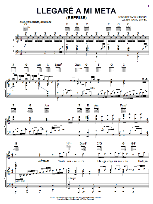 Preview Alan Menken Llegare A Mi Meta (Reprise) Film and TV sheet music, notes and chords for Piano, Vocal & Guitar (Right-Hand Melody), SKU: 18202 Llegare A Mi Meta (Reprise) sheet music