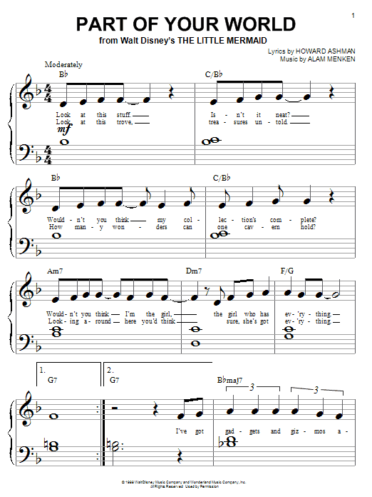 Preview Alan Menken Part Of Your World Children sheet music, notes and chords for Piano (Big Notes), SKU: 22110 Part Of Your World sheet music