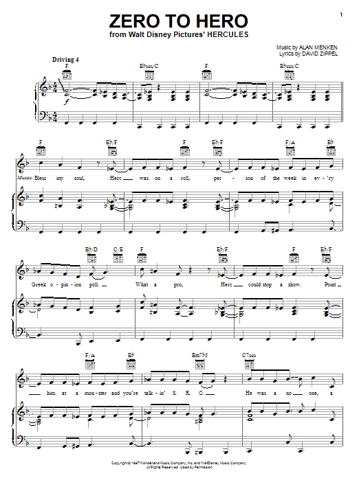 Preview Alan Menken Zero To Hero Film and TV sheet music, notes and chords for Beginner Piano, SKU: 48526 Zero To Hero sheet music