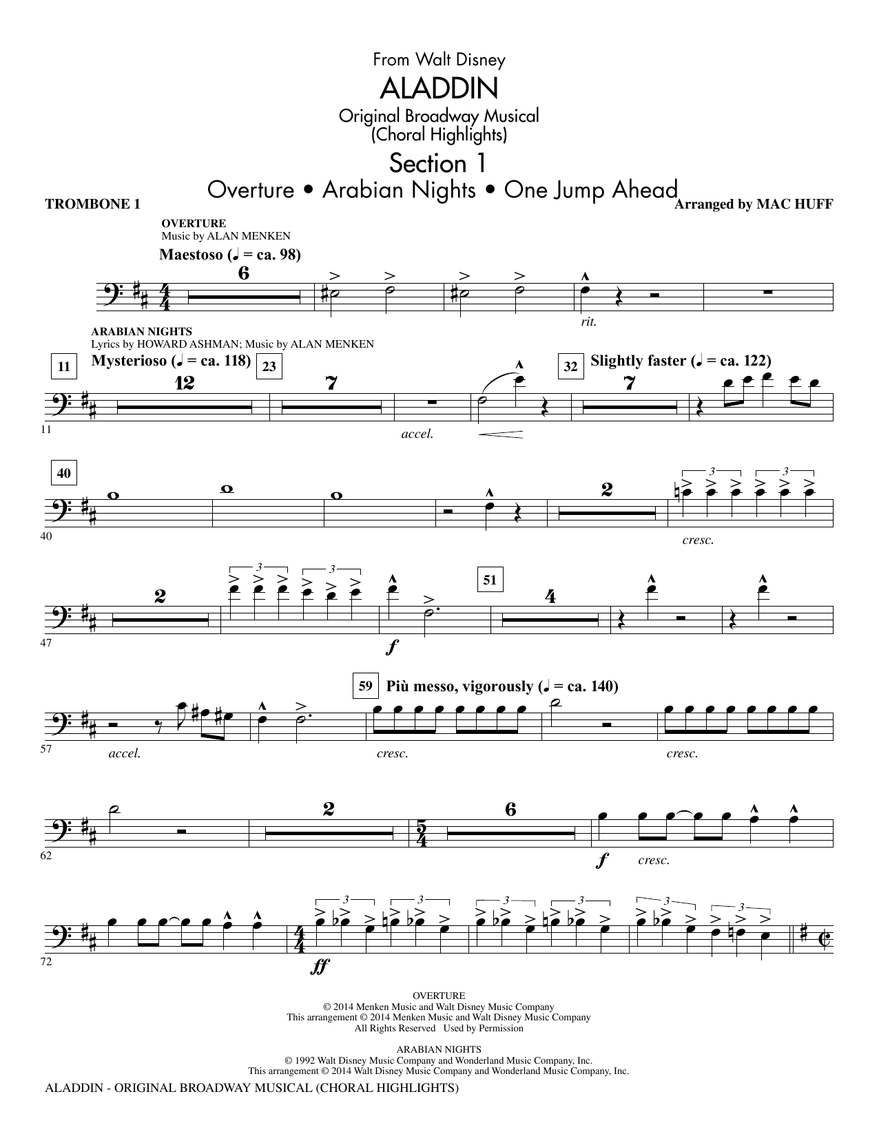 Aladdin (Choral Highlights) (from Aladdin: The Broadway Musical) (arr. Mac Huff) - Trombone 1 sheet music