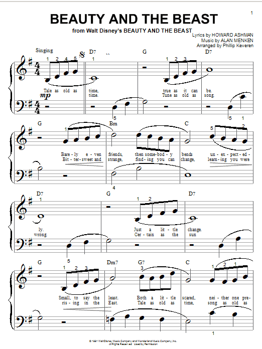 Preview Alan Menken Beauty And The Beast Pop sheet music, notes and chords for Piano (Big Notes), SKU: 50128 Beauty And The Beast sheet music