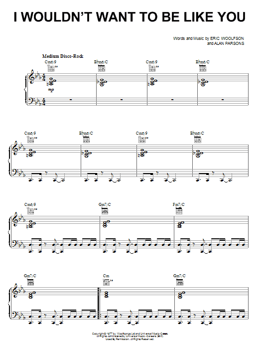 Preview Alan Parsons Project I Wouldn't Want To Be Like You Rock sheet music, notes and chords for Piano, Vocal & Guitar (Right-Hand Melody), SKU: 53691 I Wouldn't Want To Be Like You sheet music