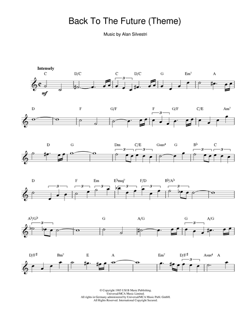 Preview Alan Silvestri Back To The Future (Theme) Film and TV sheet music, notes and chords for Melody Line & Chords, SKU: 13959 Back To The Future (Theme) sheet music