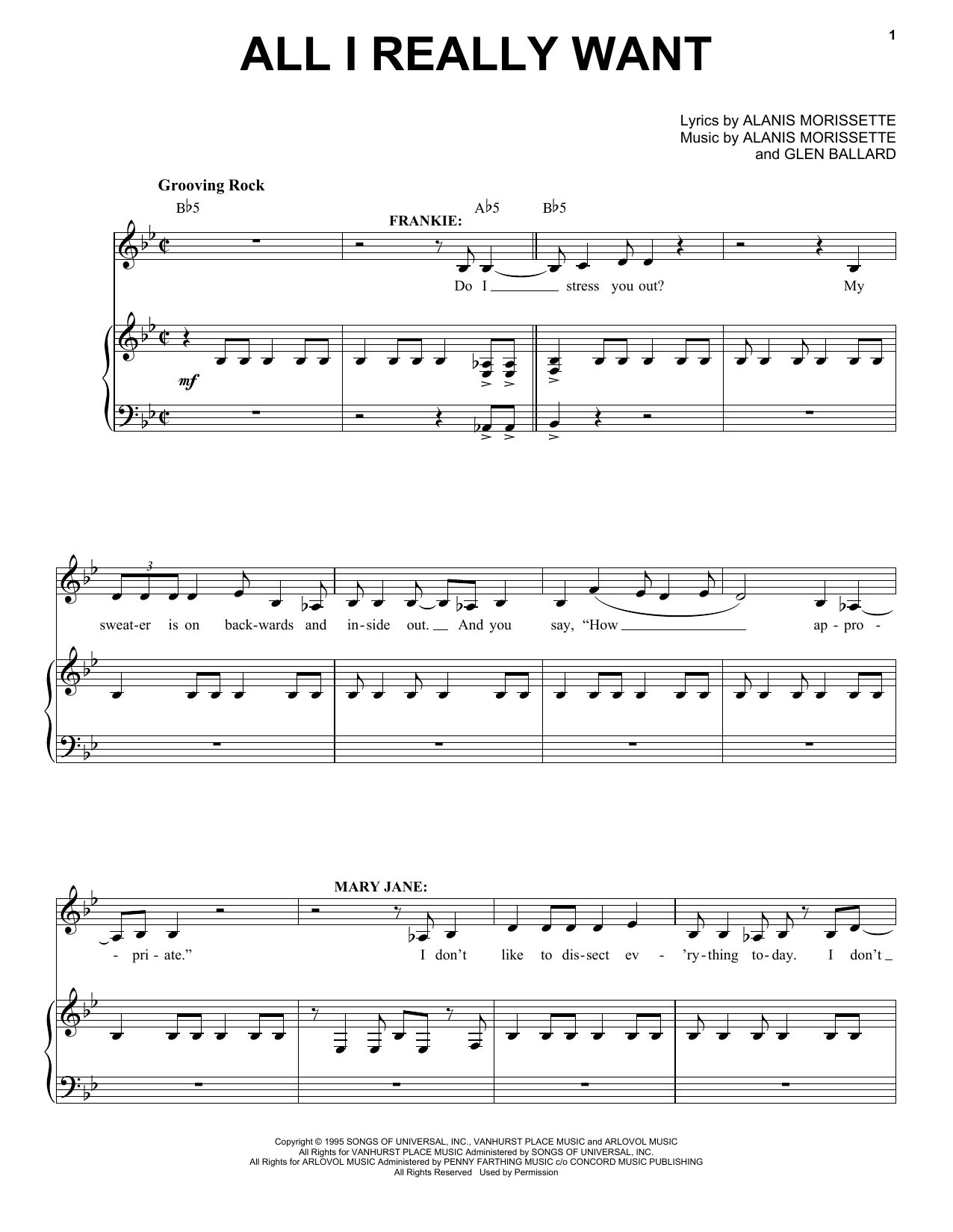 Alanis Morissette All I Really Want (from Jagged Little Pill The Musical) Sheet Music Notes & Chords for Piano & Vocal - Download or Print PDF