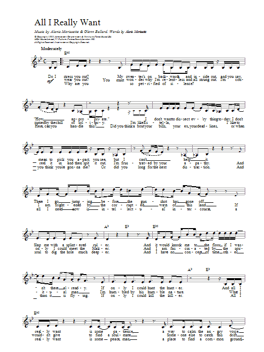 Alanis Morissette All I Really Want Sheet Music Notes & Chords for Melody Line, Lyrics & Chords - Download or Print PDF