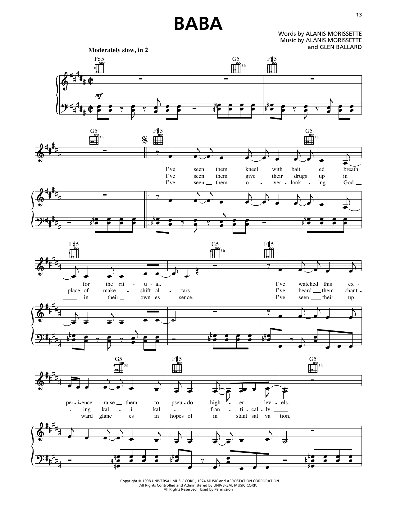 Alanis Morissette Baba Sheet Music Notes & Chords for Piano, Vocal & Guitar Chords (Right-Hand Melody) - Download or Print PDF