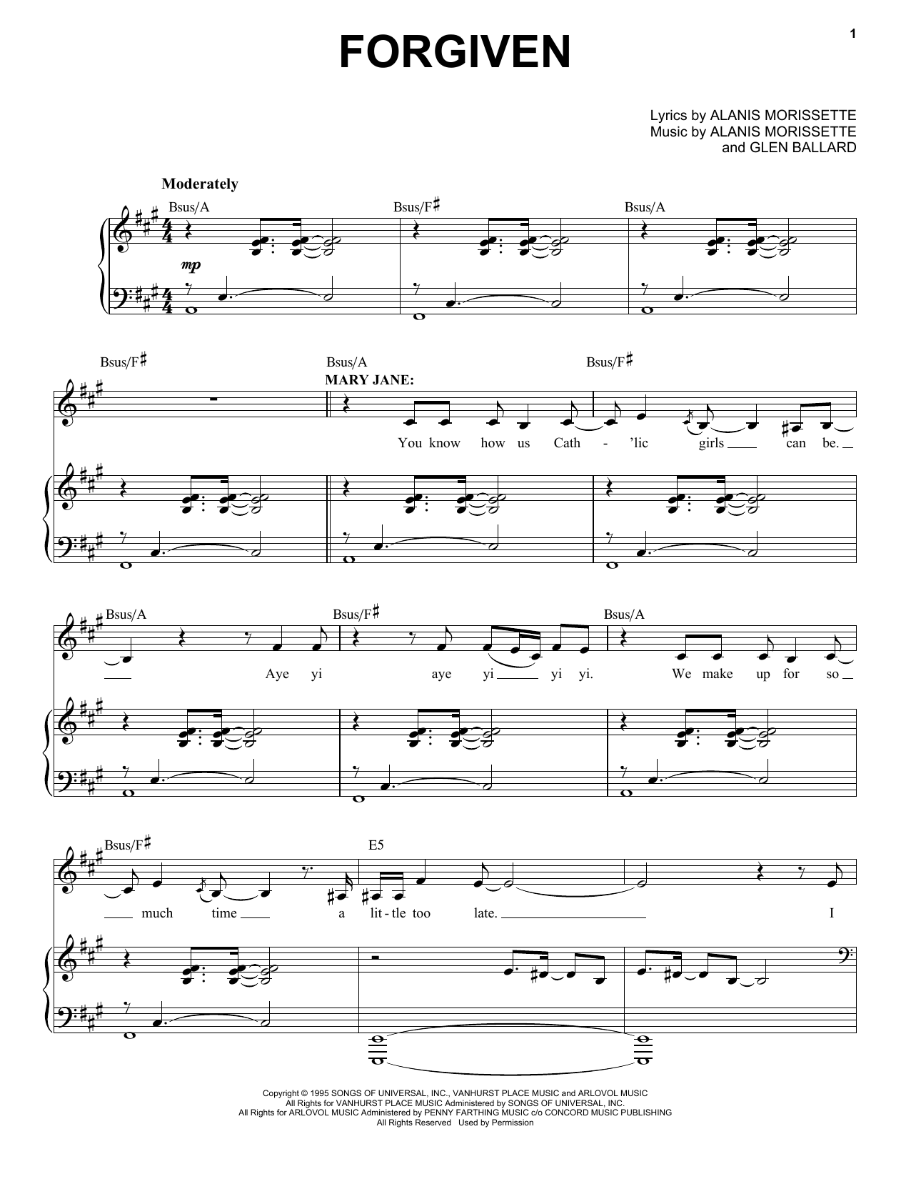 Alanis Morissette Forgiven (from Jagged Little Pill The Musical) Sheet Music Notes & Chords for Piano & Vocal - Download or Print PDF