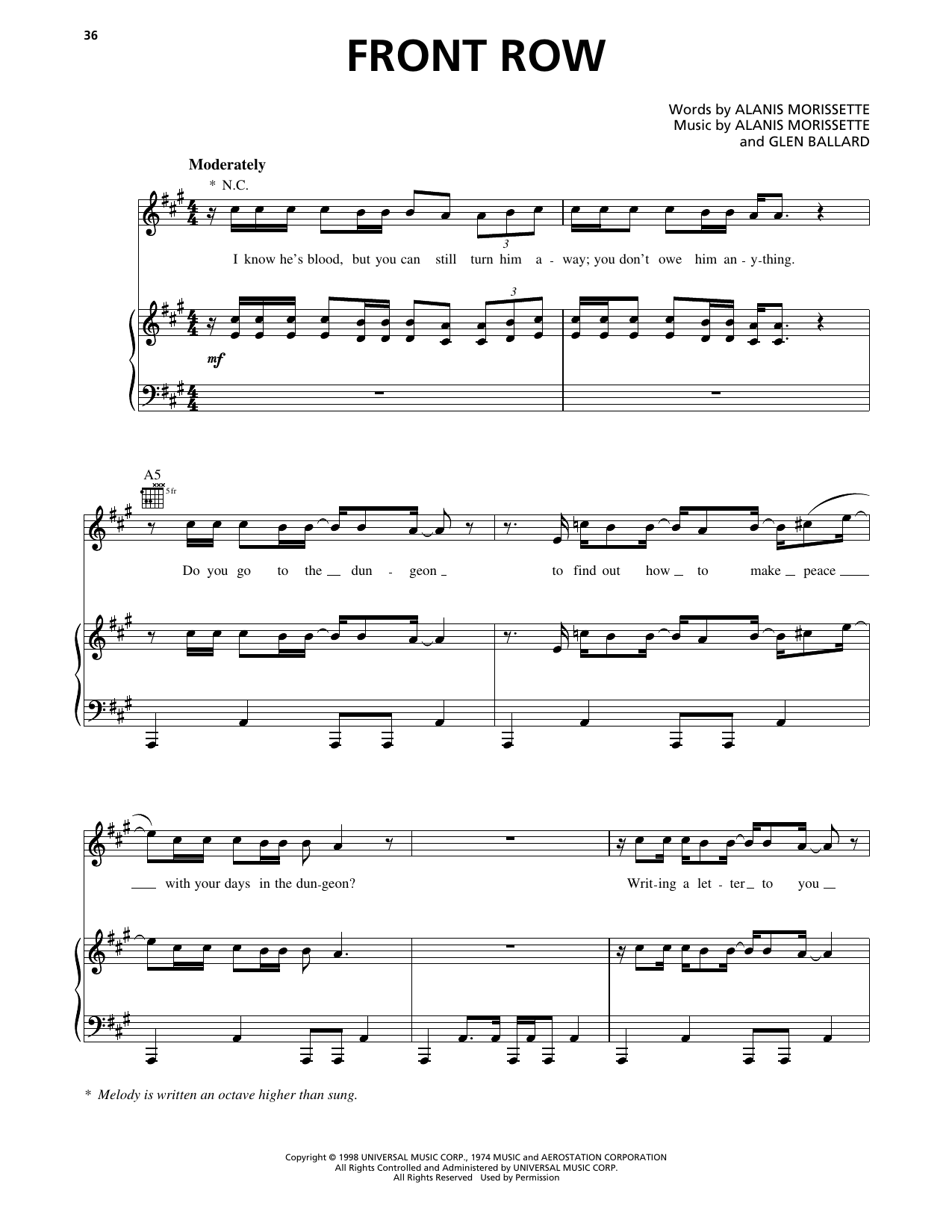 Alanis Morissette Front Row Sheet Music Notes & Chords for Piano, Vocal & Guitar Chords (Right-Hand Melody) - Download or Print PDF