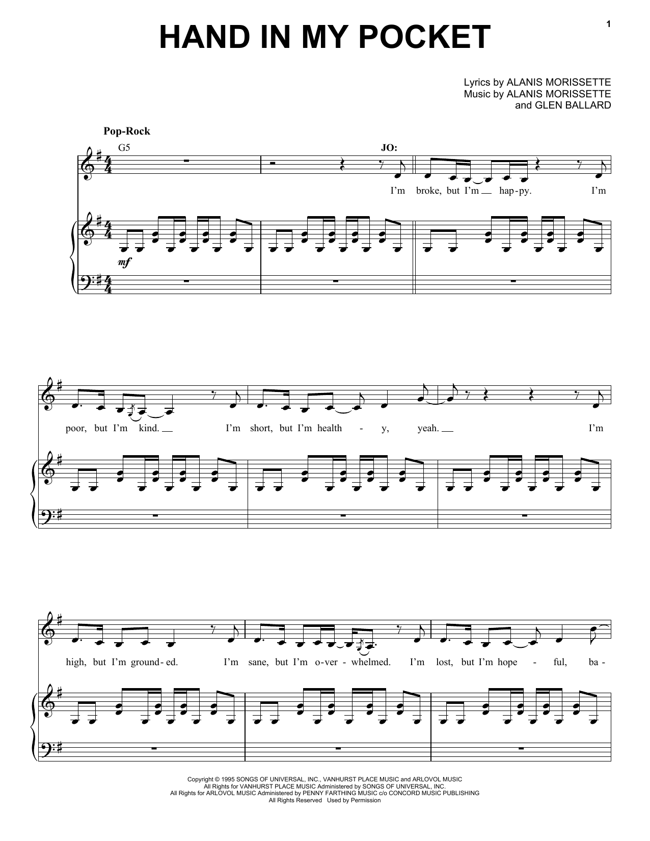 Alanis Morissette Hand In My Pocket (from Jagged Little Pill The Musical) Sheet Music Notes & Chords for Piano & Vocal - Download or Print PDF