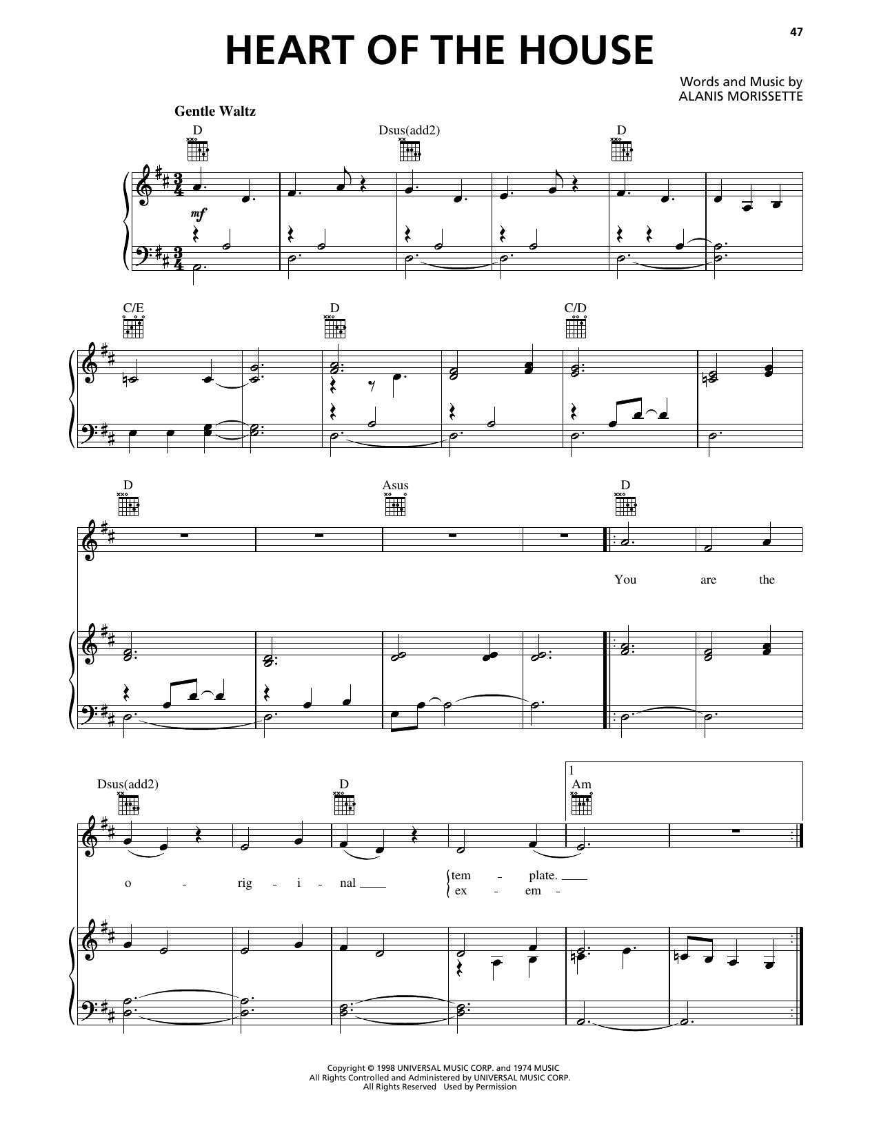 Alanis Morissette Heart Of The House Sheet Music Notes & Chords for Piano, Vocal & Guitar Chords (Right-Hand Melody) - Download or Print PDF