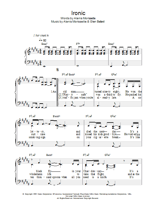 Alanis Morissette Ironic Sheet Music Notes & Chords for Piano, Vocal & Guitar (Right-Hand Melody) - Download or Print PDF