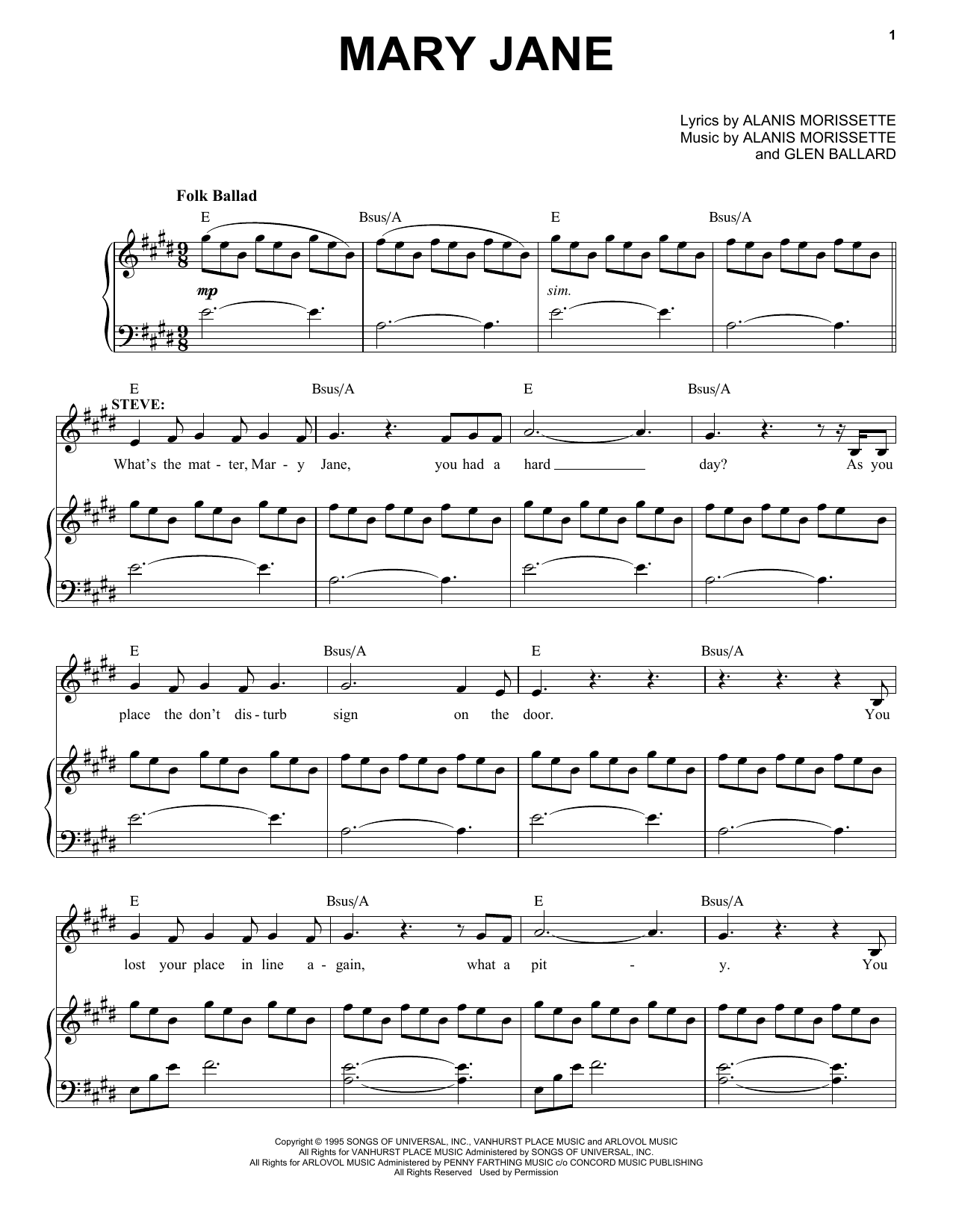 Alanis Morissette Mary Jane (from Jagged Little Pill The Musical) Sheet Music Notes & Chords for Piano & Vocal - Download or Print PDF