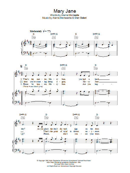 Alanis Morissette Mary Jane Sheet Music Notes & Chords for Piano, Vocal & Guitar (Right-Hand Melody) - Download or Print PDF