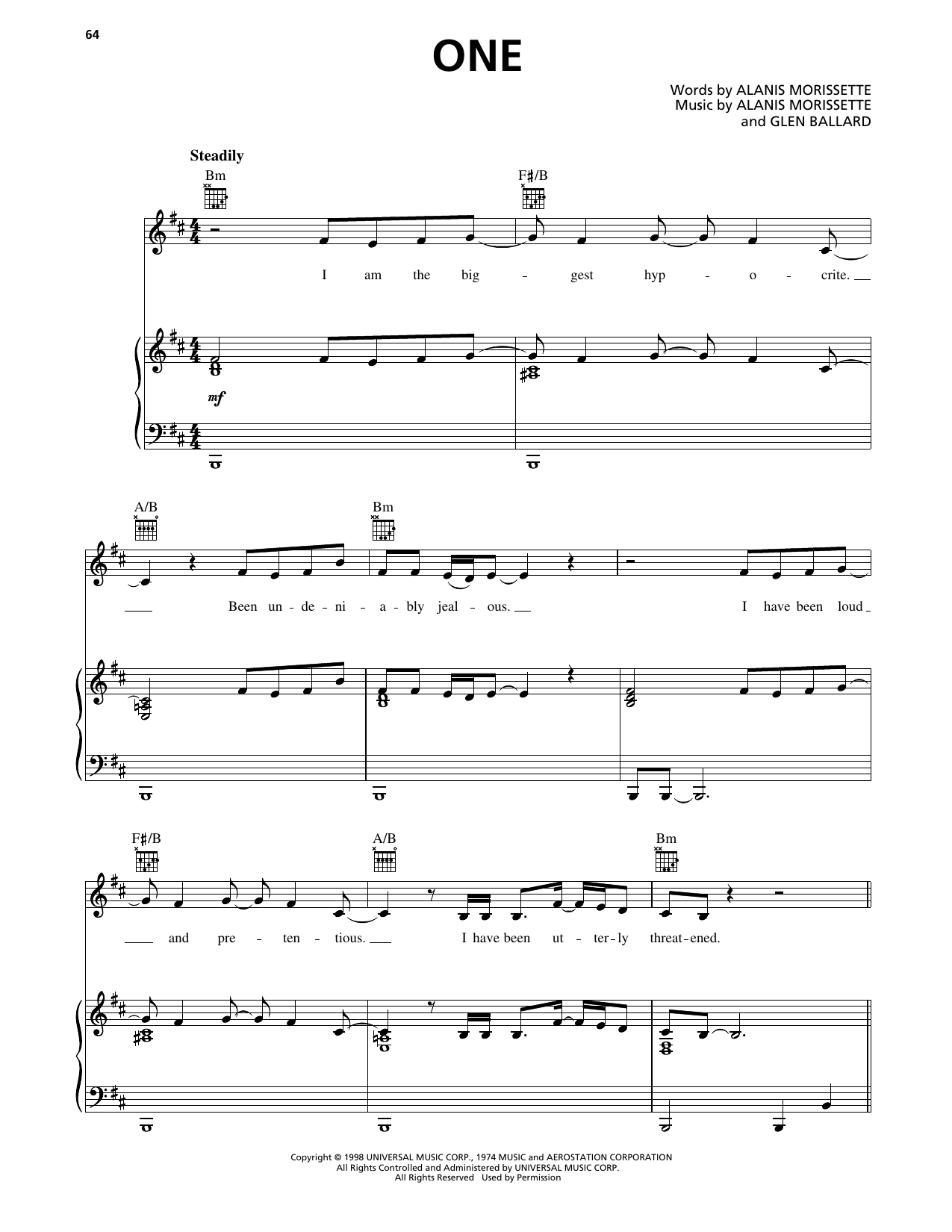 Alanis Morissette One Sheet Music Notes & Chords for Piano, Vocal & Guitar Chords (Right-Hand Melody) - Download or Print PDF