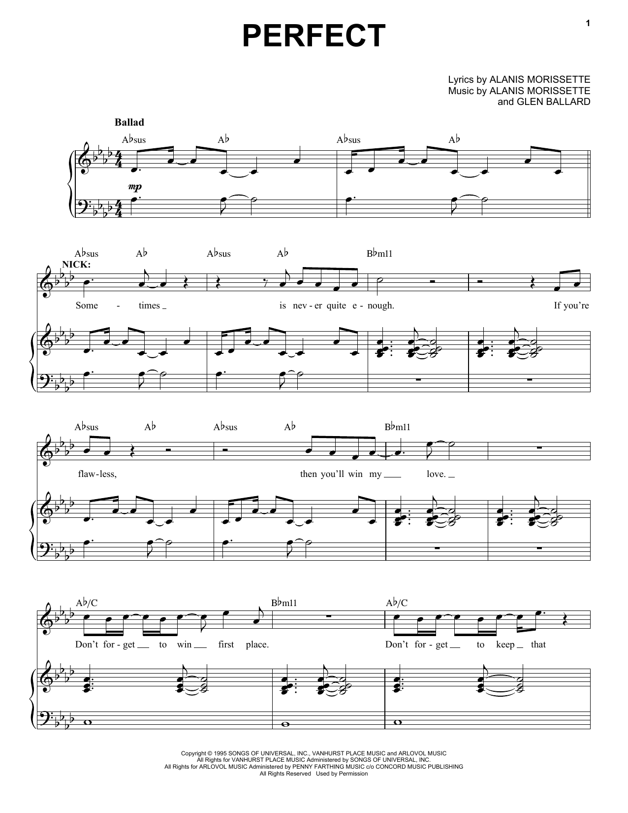 Alanis Morissette Perfect (from Jagged Little Pill The Musical) Sheet Music Notes & Chords for Piano & Vocal - Download or Print PDF