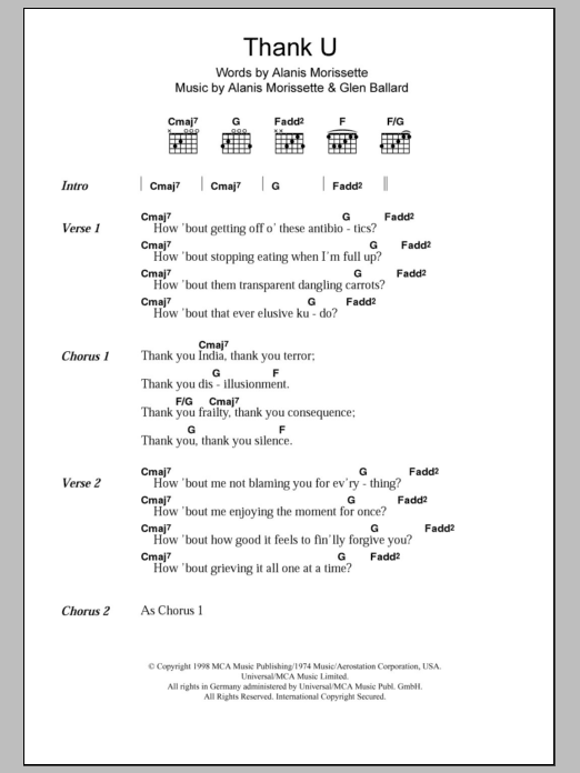 Alanis Morissette Thank U Sheet Music Notes & Chords for Lyrics & Chords - Download or Print PDF
